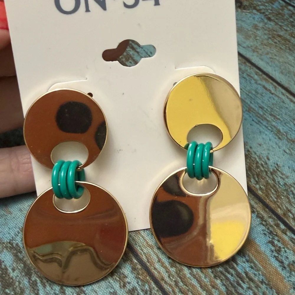 NWT On 34th Gold Double Disc Drop Earrings with Green Rings